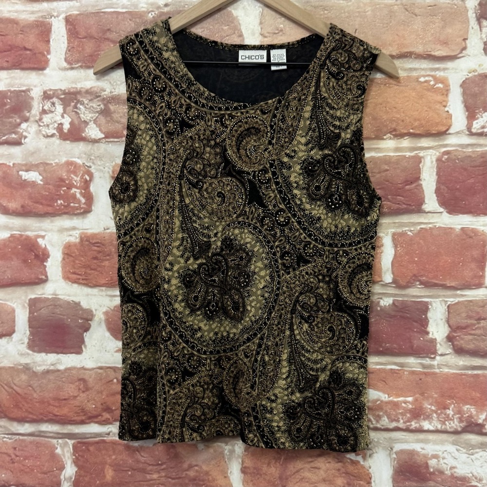 Chicos Top Women's M Black Boho Paisley Floral Stretchy Camisole Tank Shirt - Picture 3 of 8